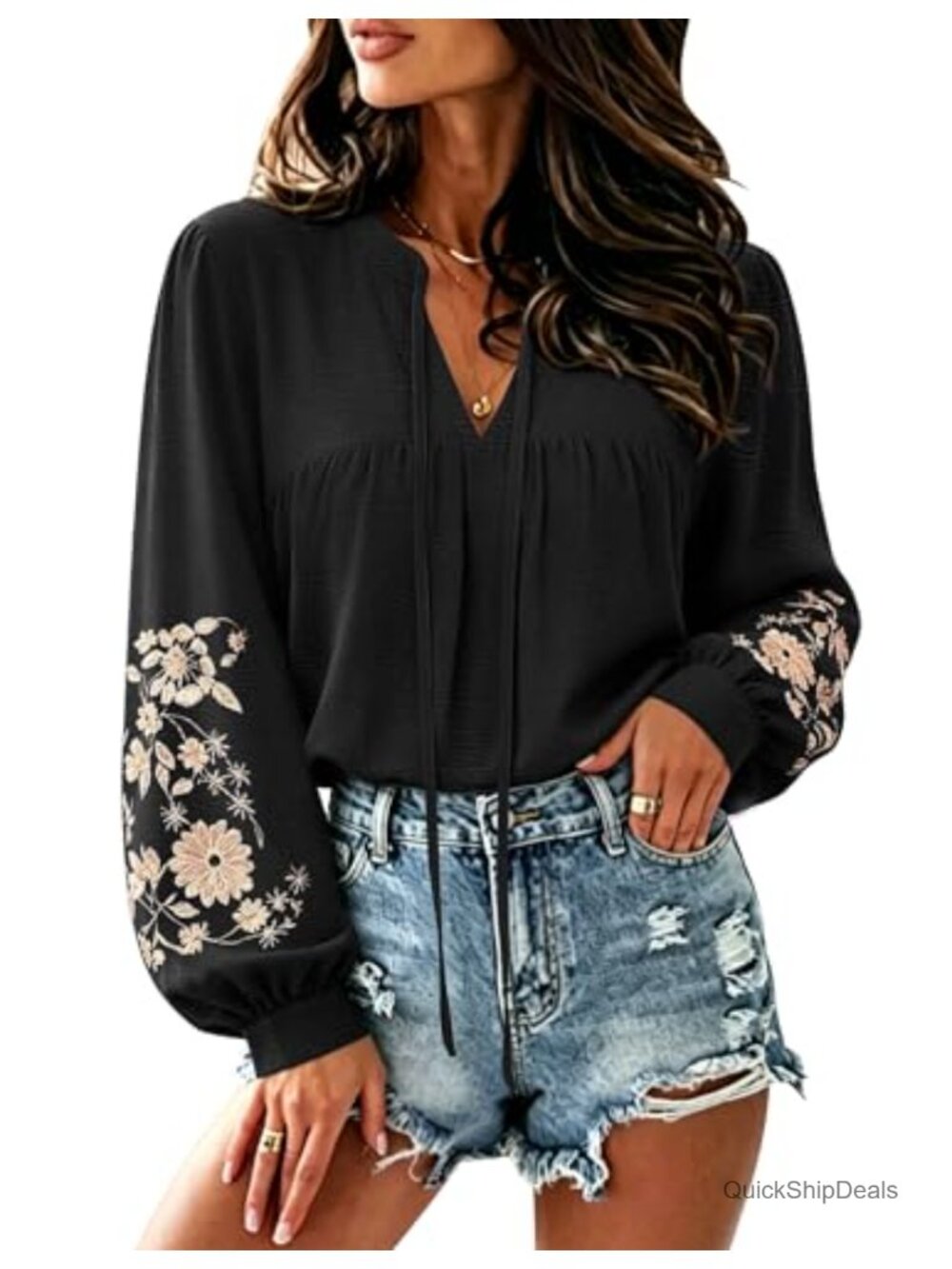 Womens Floral Embroidered Boho Peasant Blouse Long Sleeve Tie Front Top